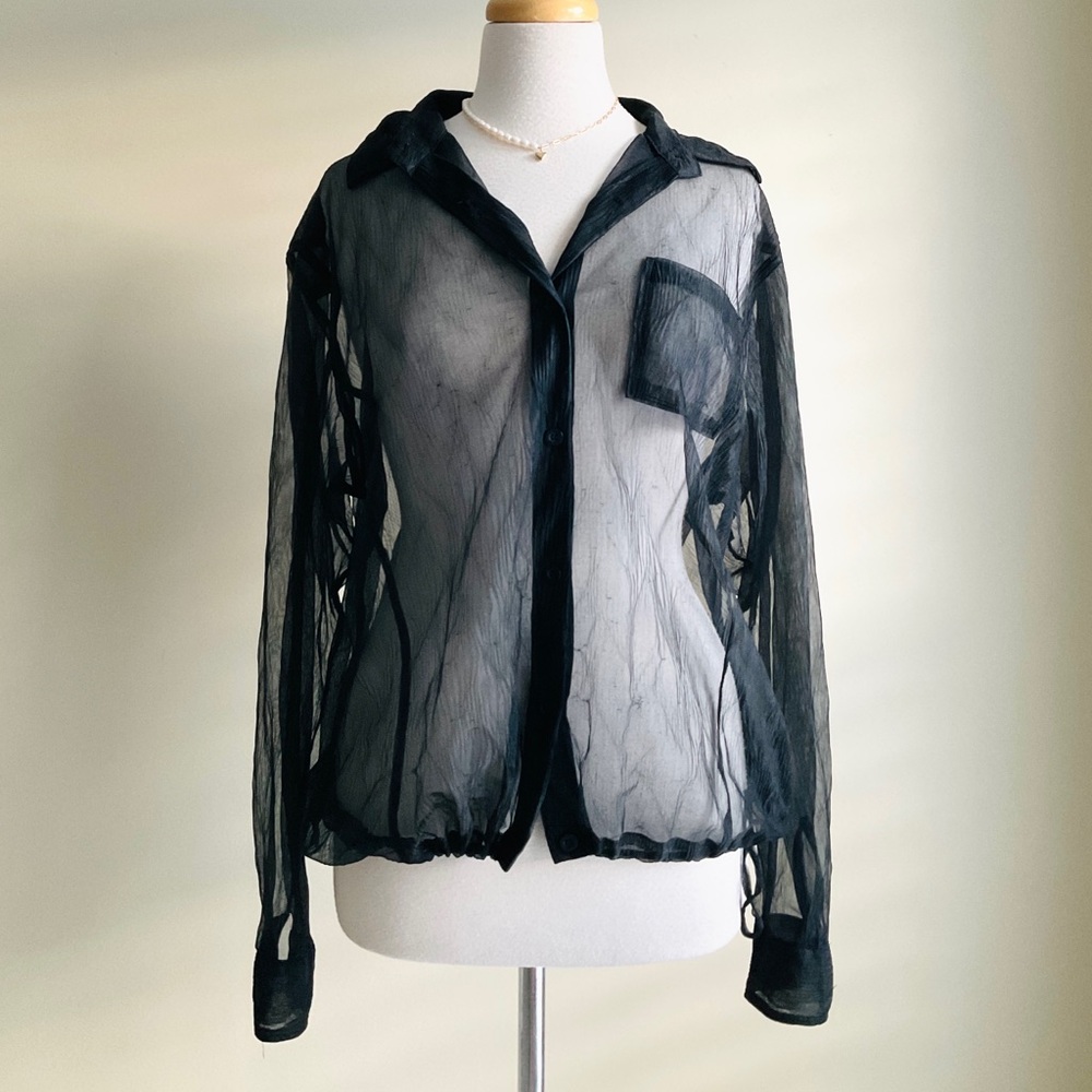 Elegant Sheer Black Button-Front Blouse